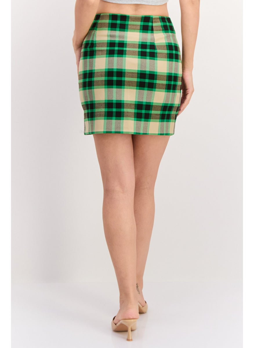 Women Checkered Split Hem Mini Skirts, Green Combo