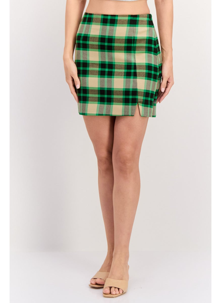 Women Checkered Split Hem Mini Skirts, Green Combo