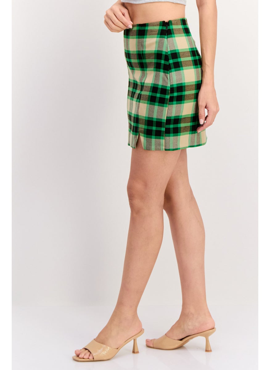 Women Checkered Split Hem Mini Skirts, Green Combo