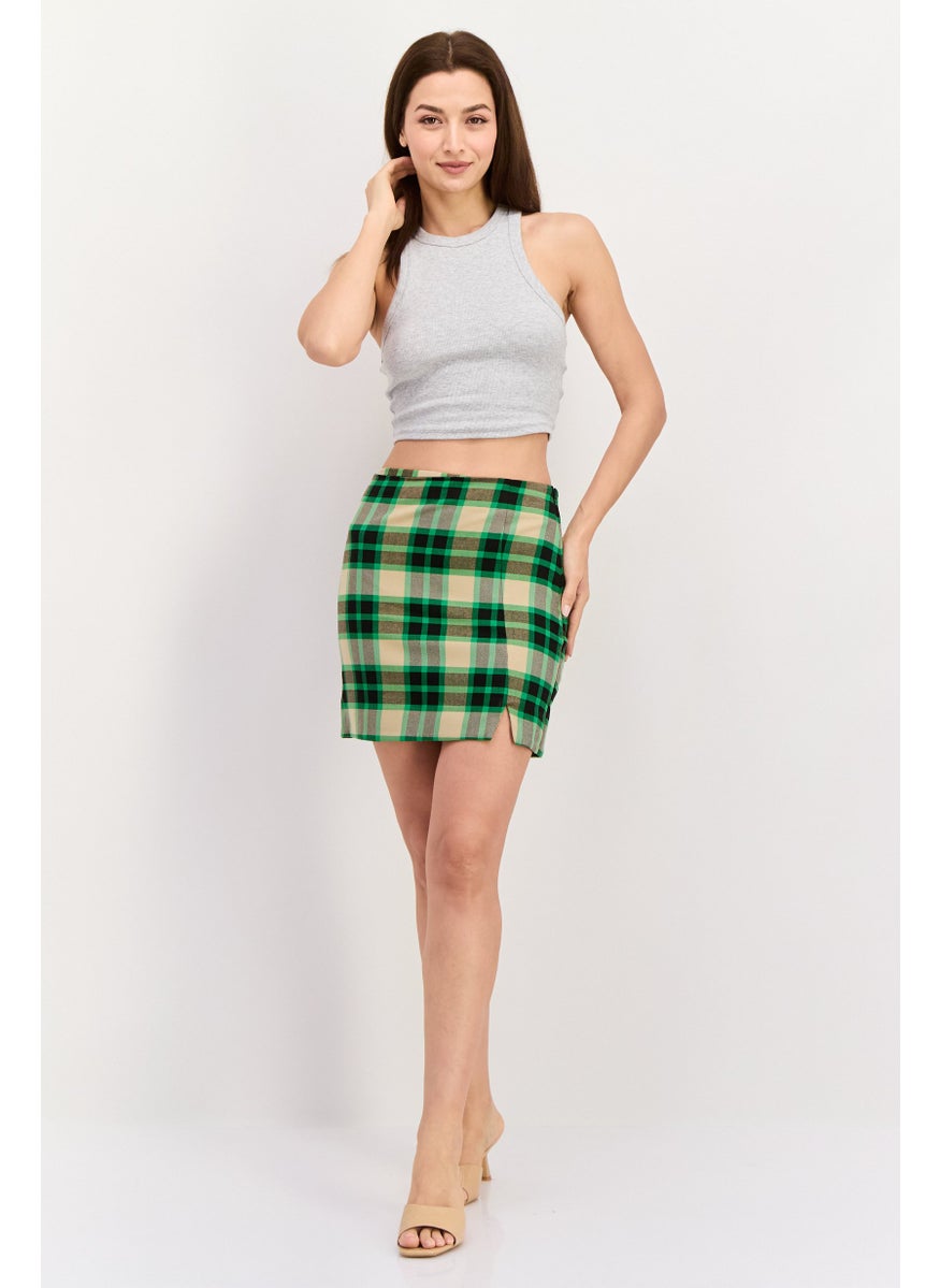 Women Checkered Split Hem Mini Skirts, Green Combo
