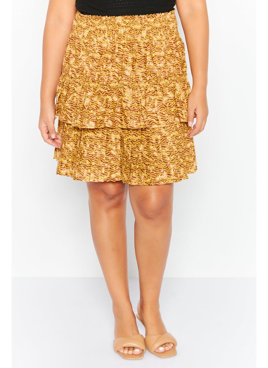 Women Allover Print Smocked Mini Skirt, Beige