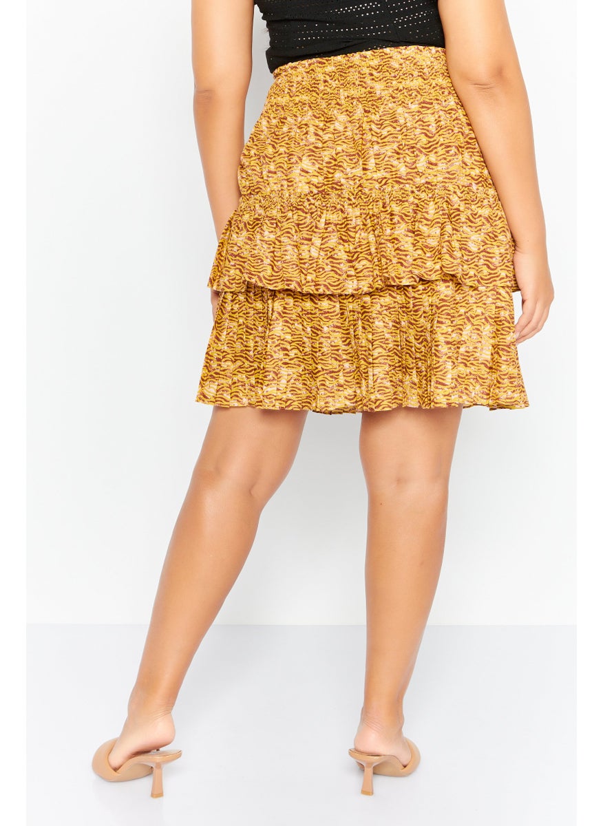 Women Allover Print Smocked Mini Skirt, Beige