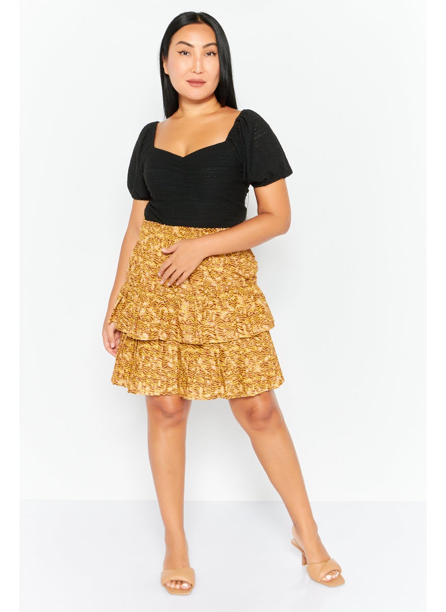 Women Allover Print Smocked Mini Skirt, Beige