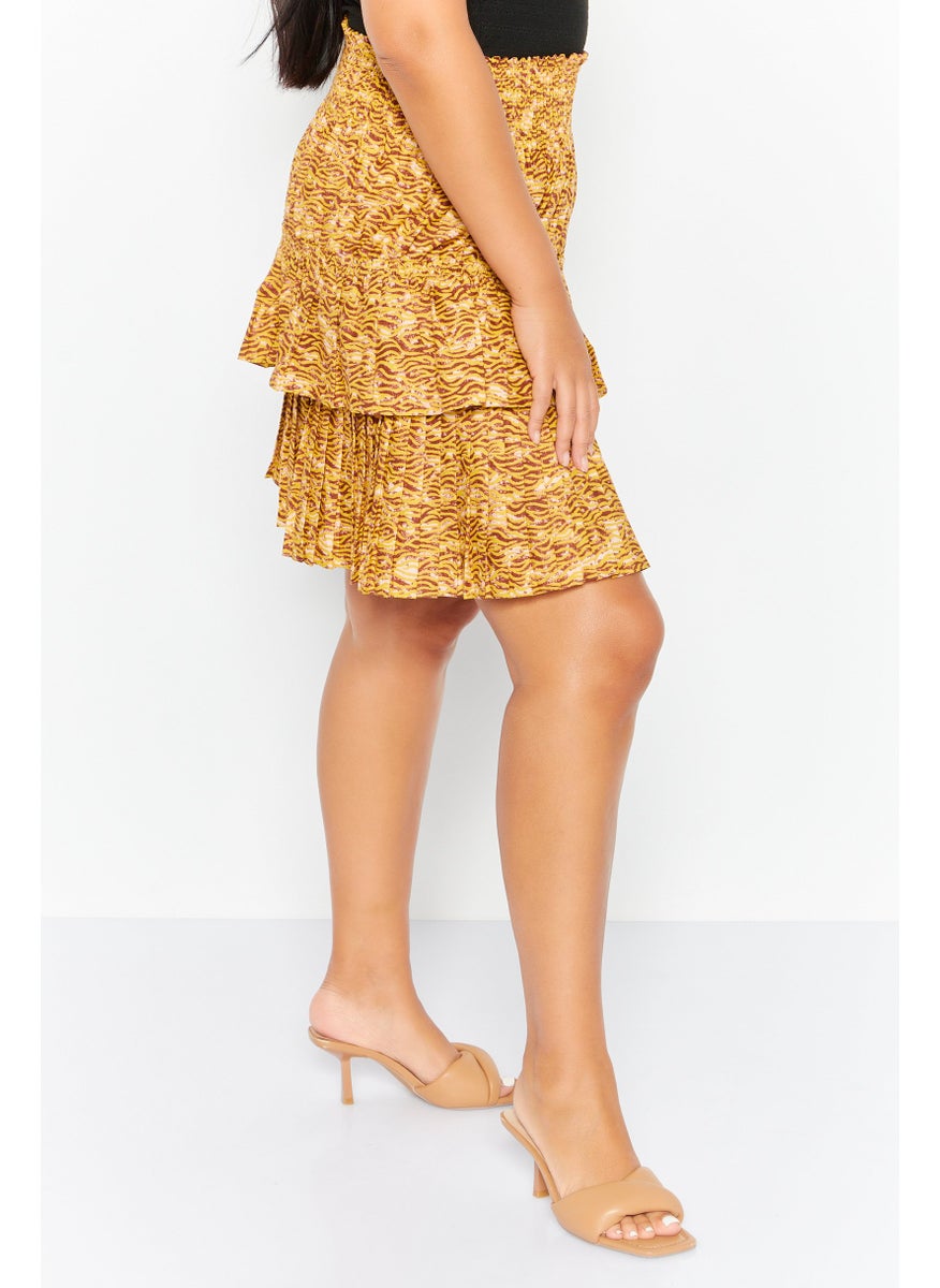 Women Allover Print Smocked Mini Skirt, Beige