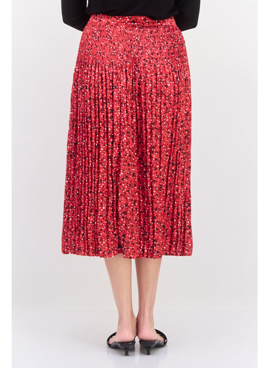 Women Pleated Midi Skirt, Red