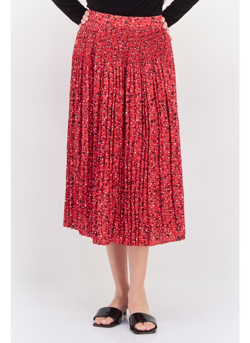 Women Pleated Midi Skirt, Red