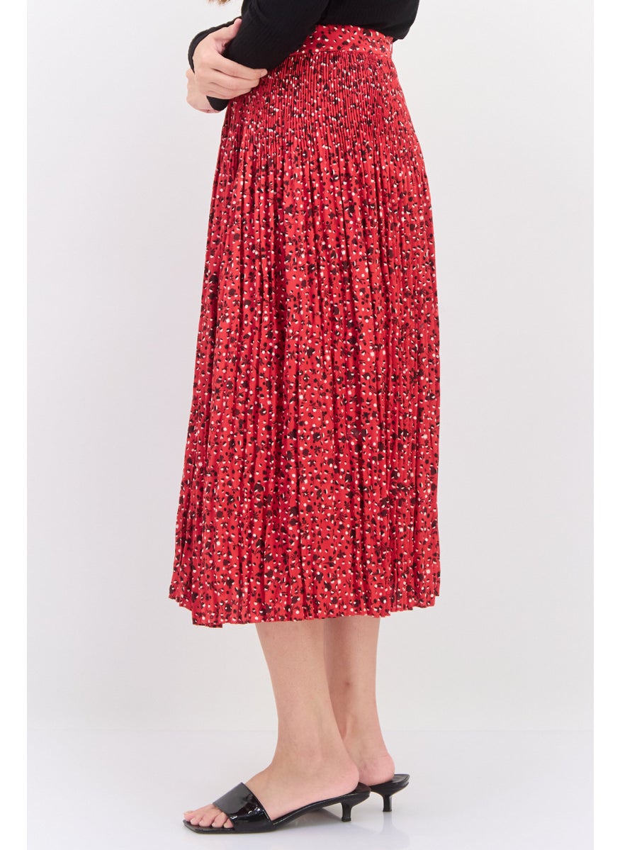 Women Pleated Midi Skirt, Red