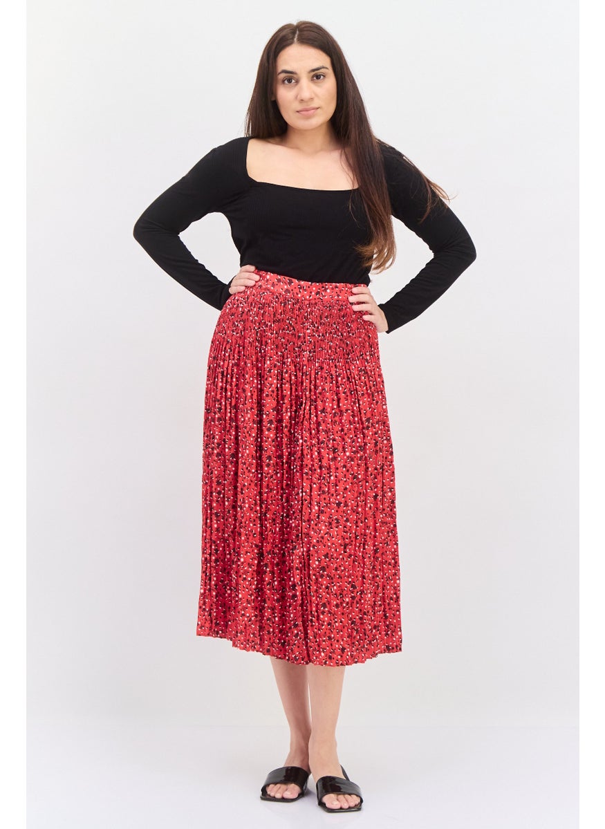 Women Pleated Midi Skirt, Red