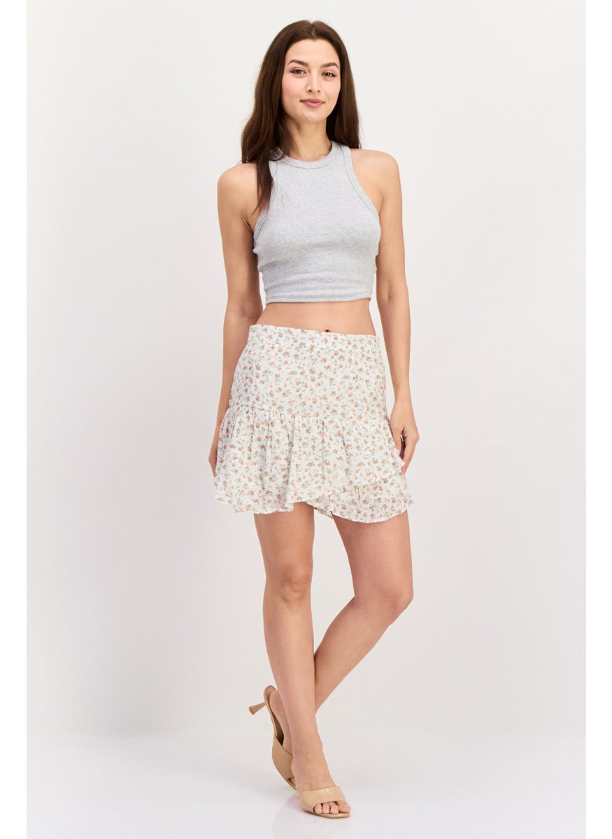 Women Floral Print Pull On Casual Mini Skirts, White Combo