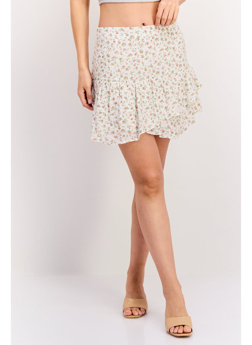 Women Floral Print Pull On Casual Mini Skirts, White Combo