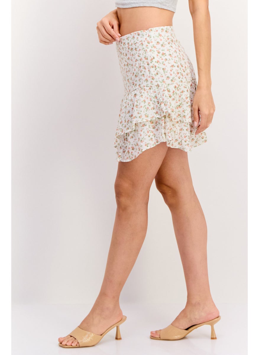 Women Floral Print Pull On Casual Mini Skirts, White Combo