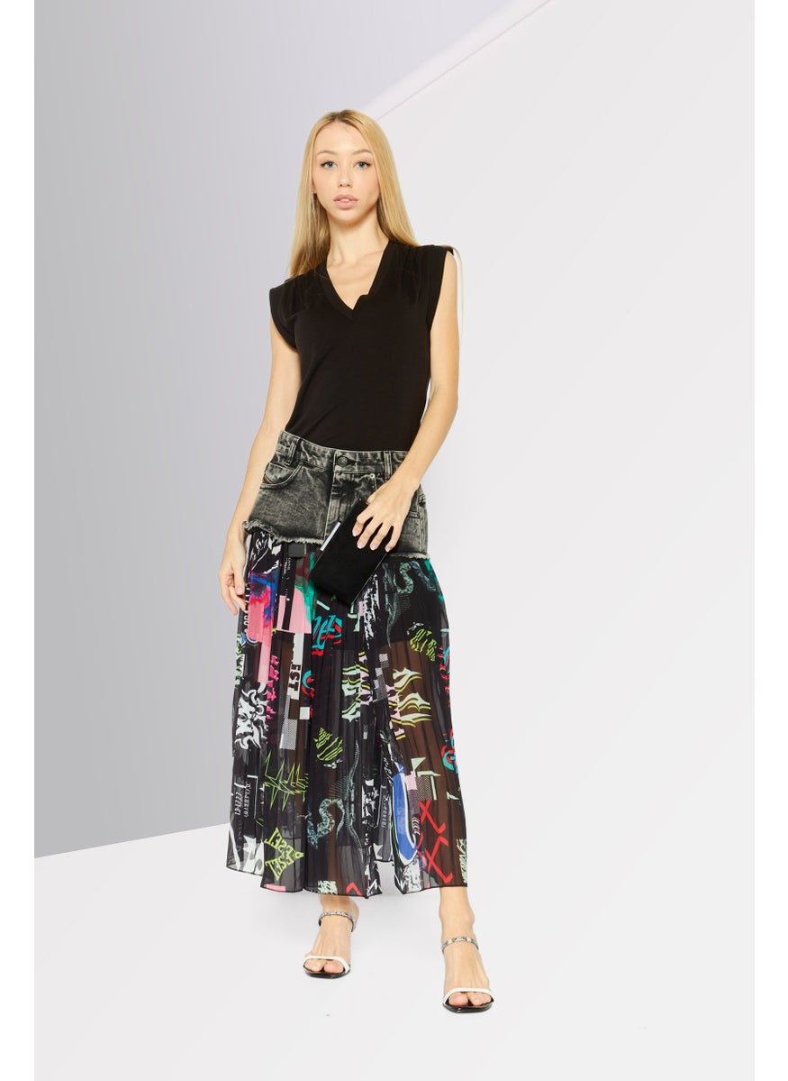 Women Pleated Midi Skirt, Black Combo