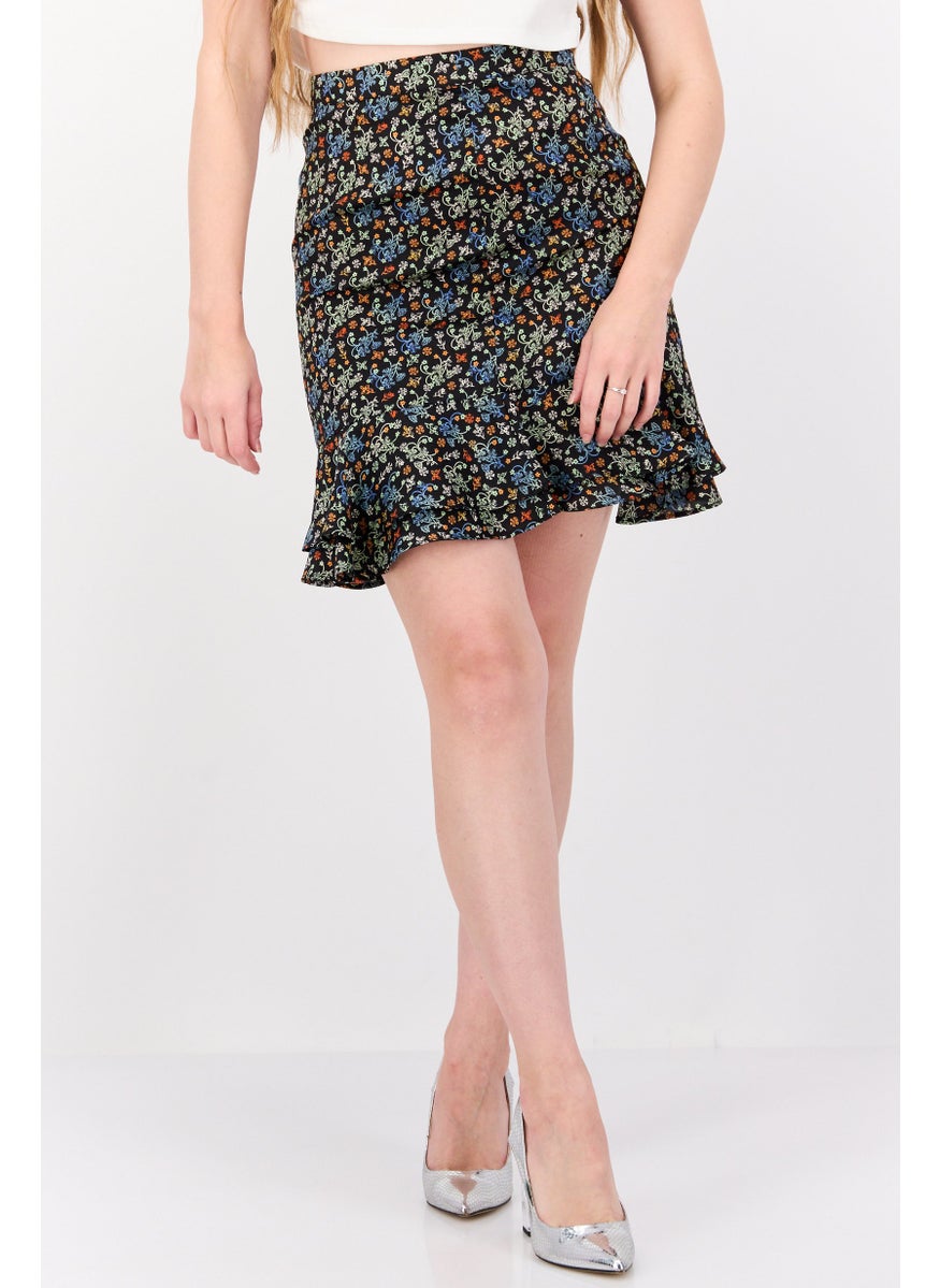 Women Floral Print Mini Skirts, Black Combo