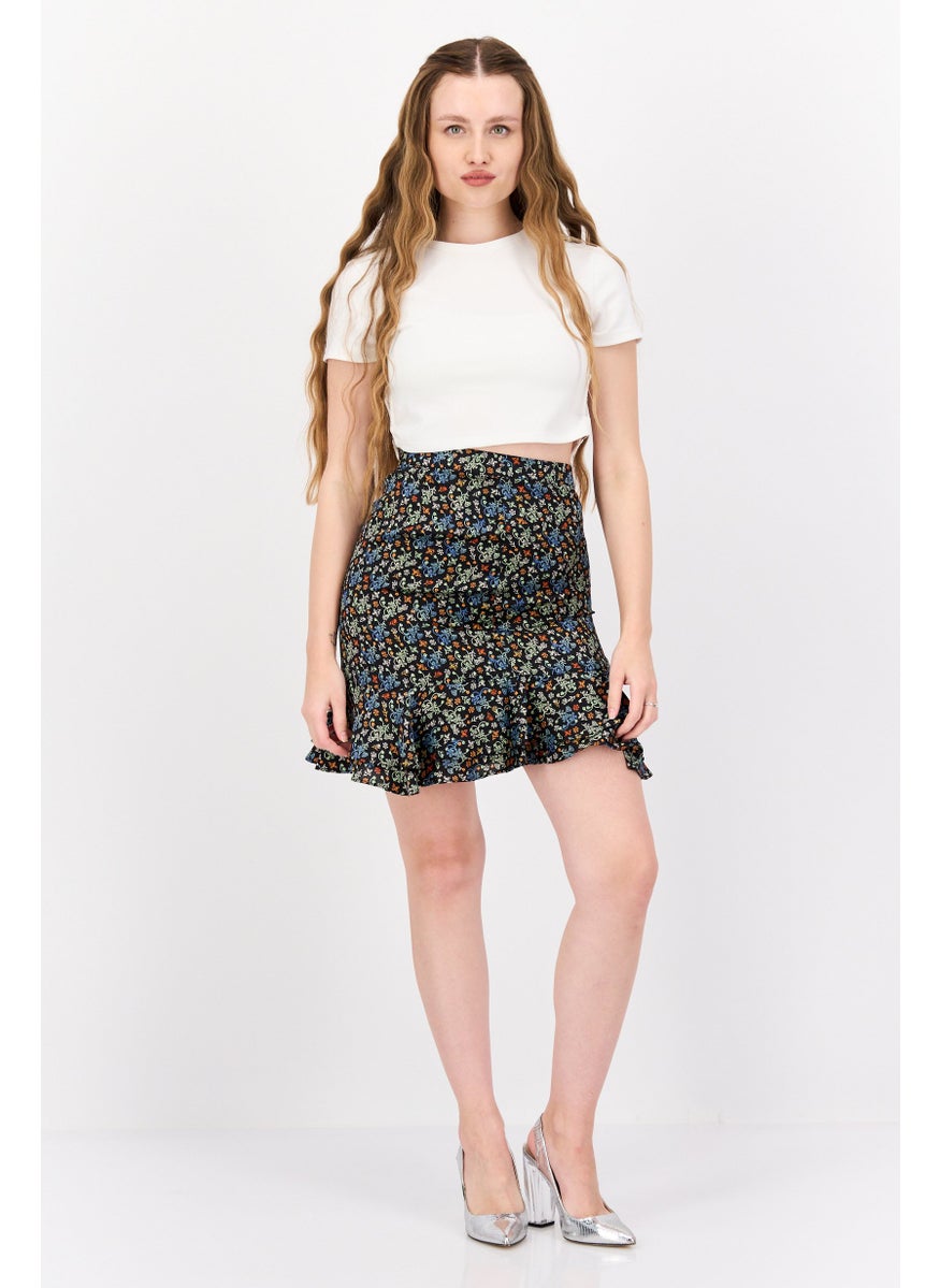 Women Floral Print Mini Skirts, Black Combo