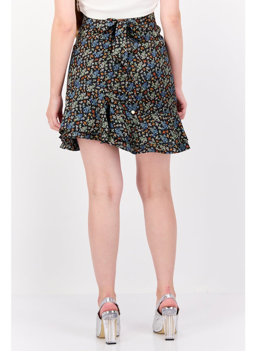 Women Floral Print Mini Skirts, Black Combo