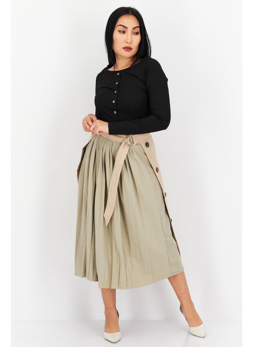 Women Belted Plain Midi Skirt, Beige