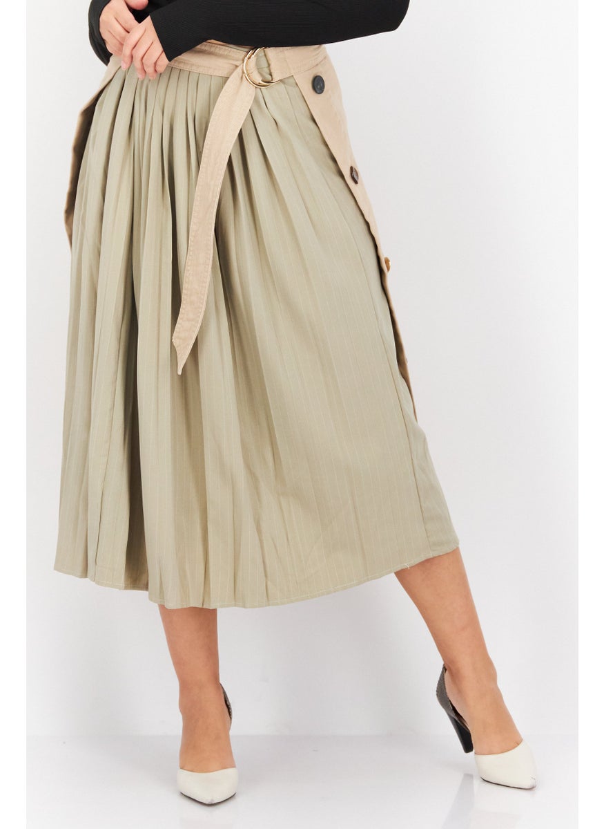 Women Belted Plain Midi Skirt, Beige
