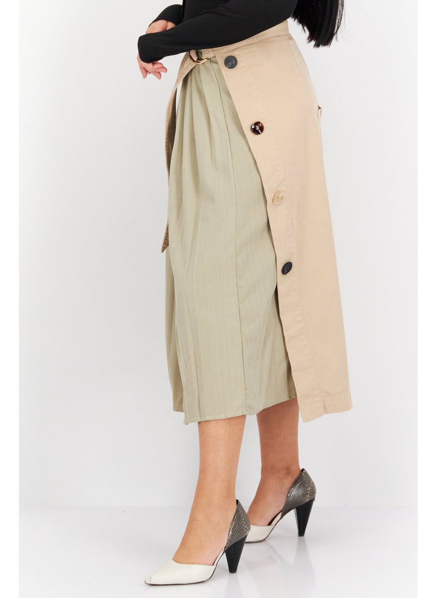 Women Belted Plain Midi Skirt, Beige