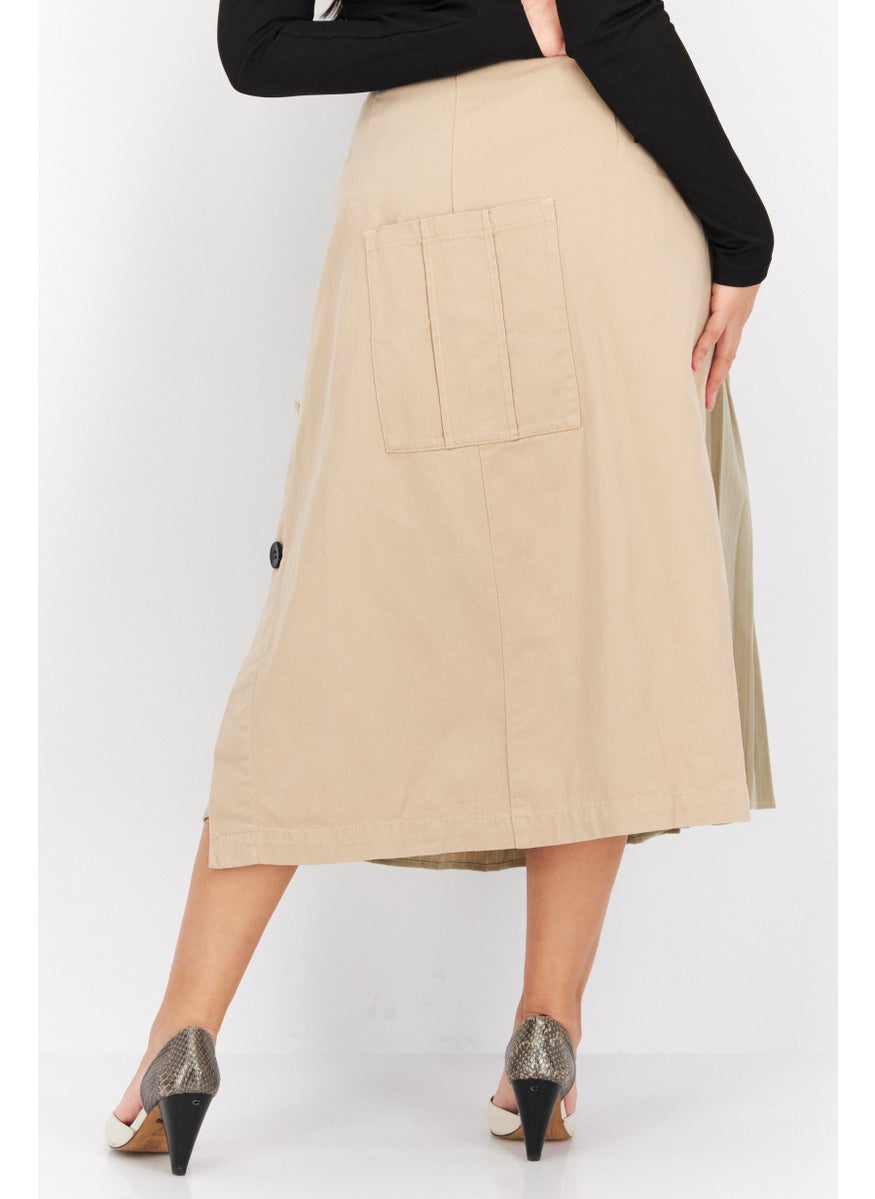 Women Belted Plain Midi Skirt, Beige