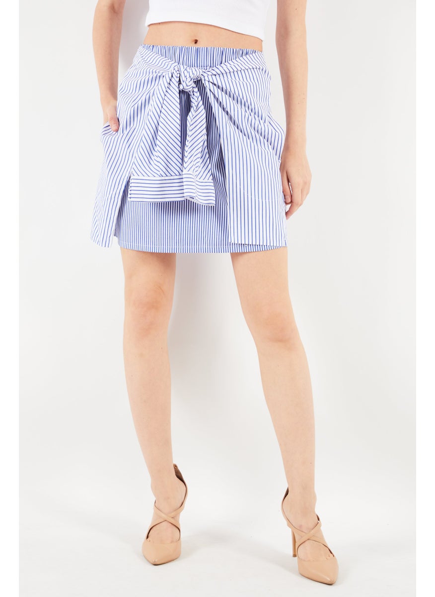 Women Tie-Sleeve Stripe Mini Skirt, White