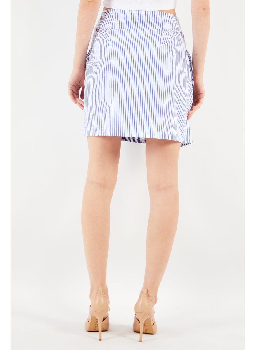 Women Tie-Sleeve Stripe Mini Skirt, White