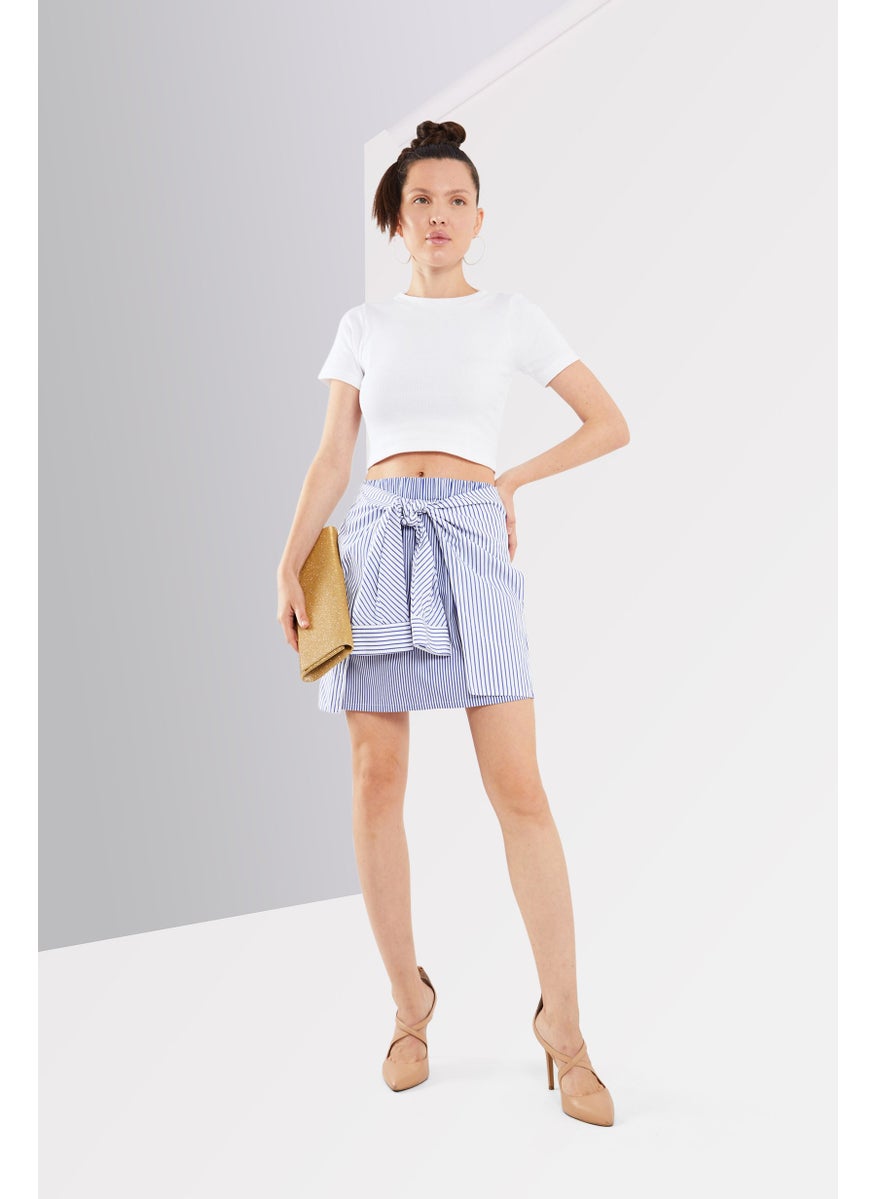 Women Tie-Sleeve Stripe Mini Skirt, White