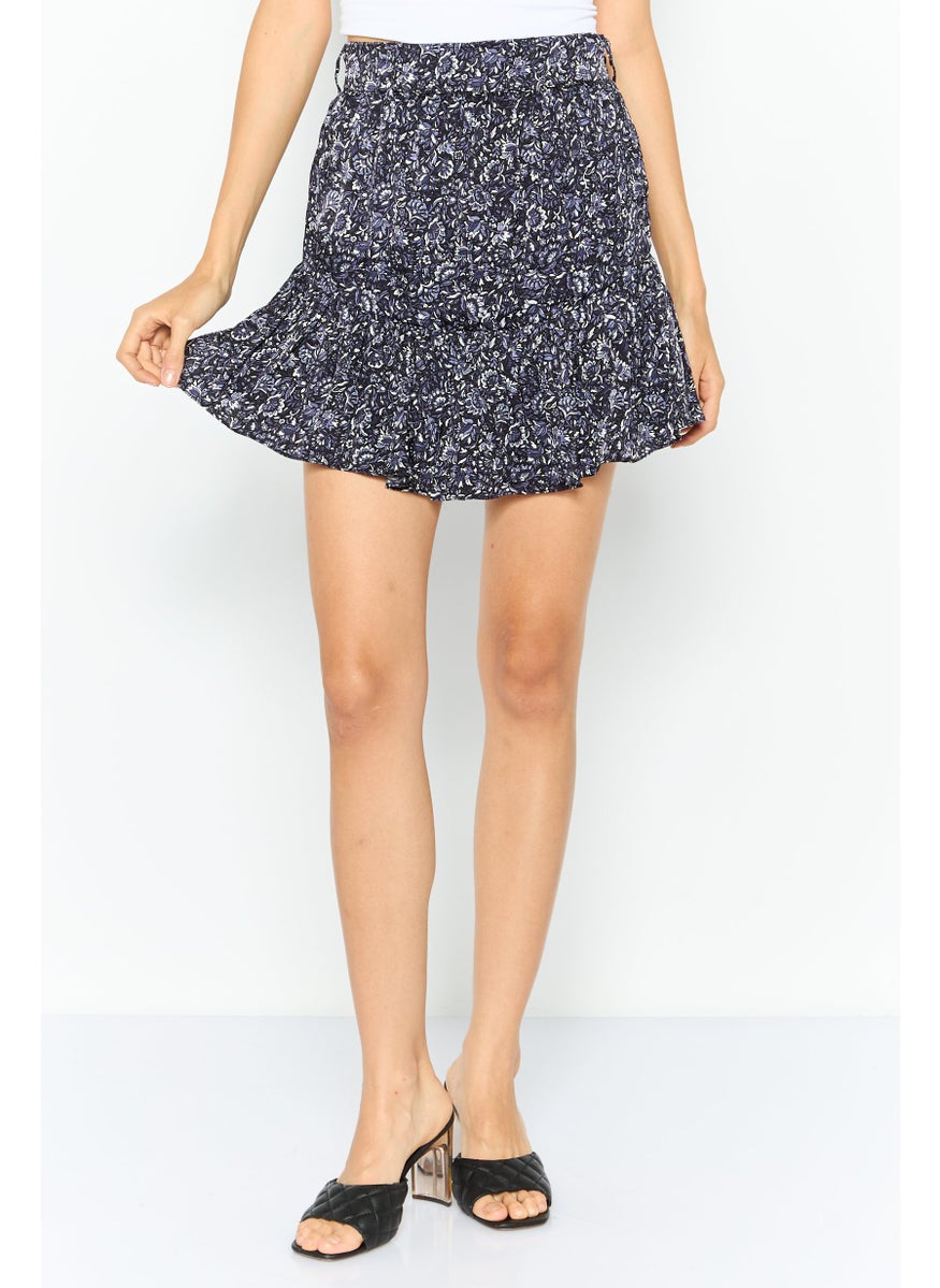 Women Floral Print Mini Skirt, Black