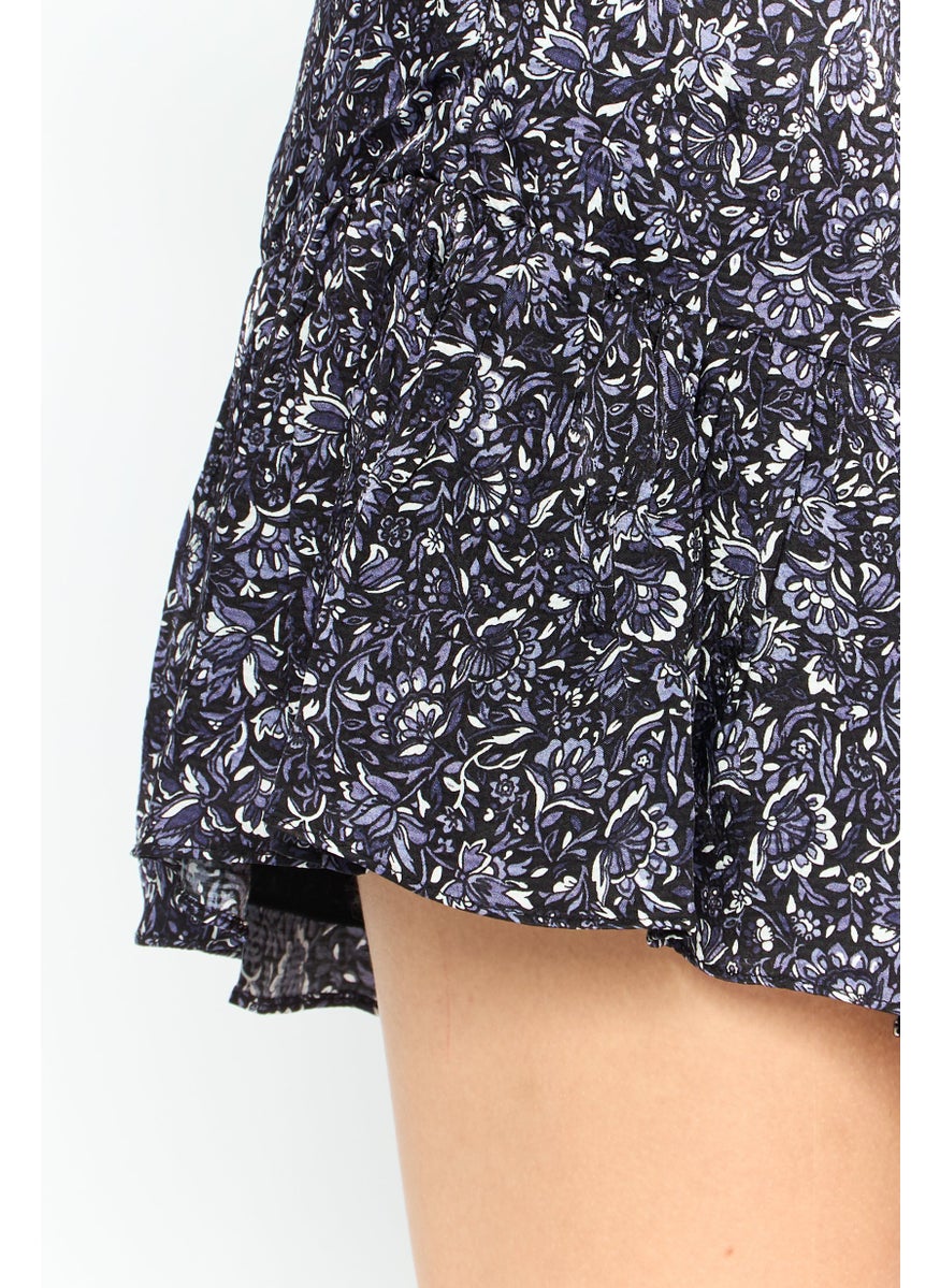 Women Floral Print Mini Skirt, Black