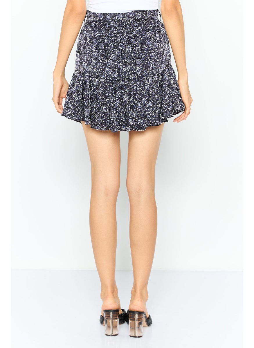 Women Floral Print Mini Skirt, Black