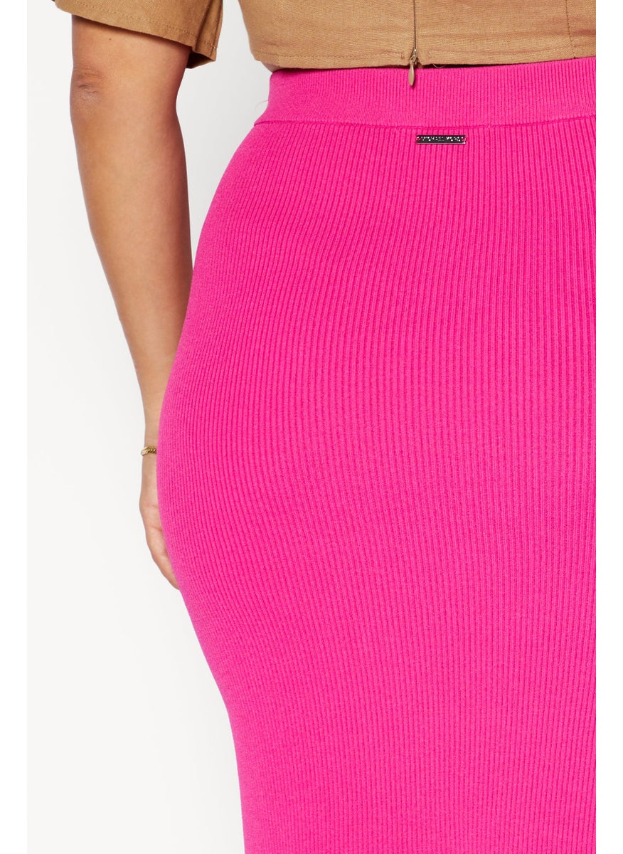 Women Ribbed Denim Maxi Skirt, Pink