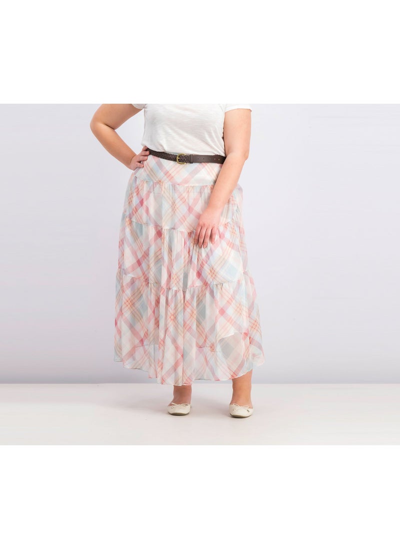 Women Regular Fit Plaid Tiered Peasant Skirt, Cream