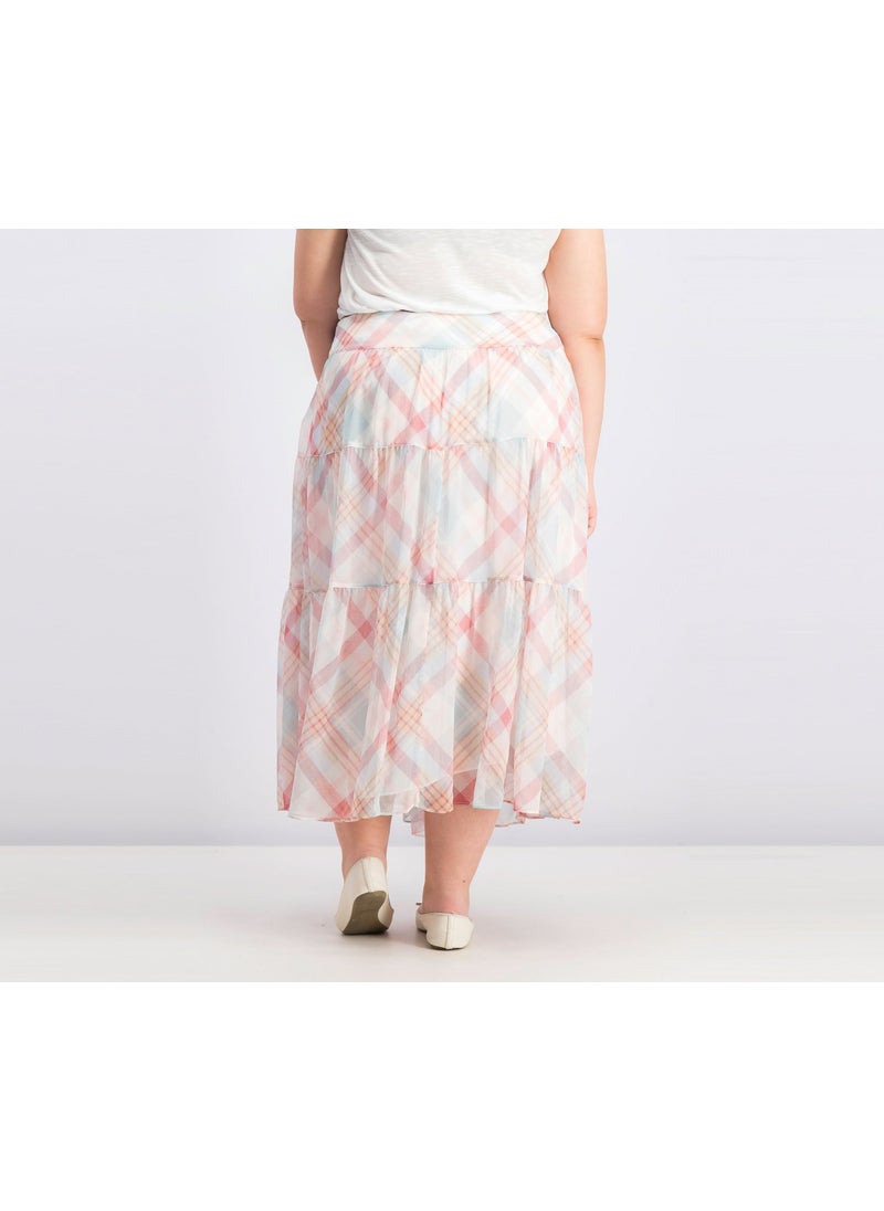 Women Regular Fit Plaid Tiered Peasant Skirt, Cream