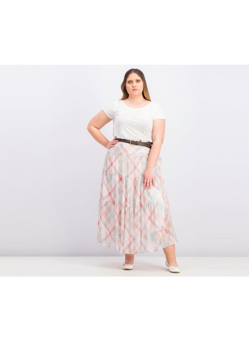 Women Regular Fit Plaid Tiered Peasant Skirt, Cream