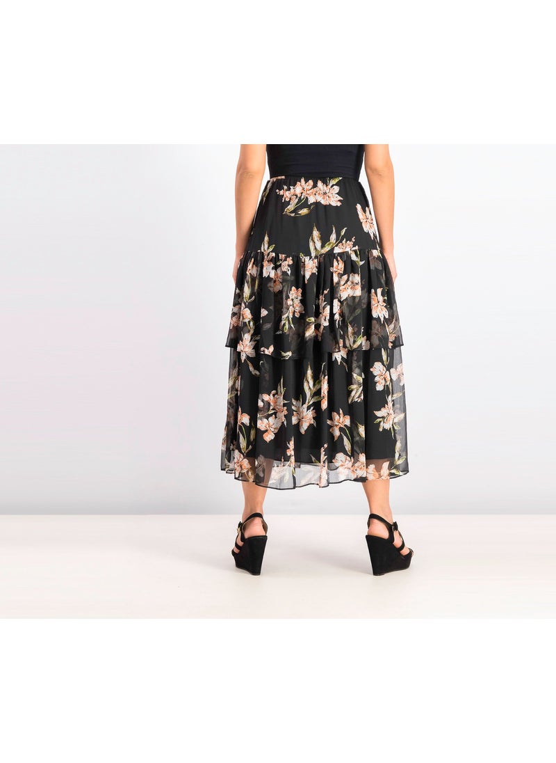 Womens Tiered Georgette Peasant Skirt, Black Combo