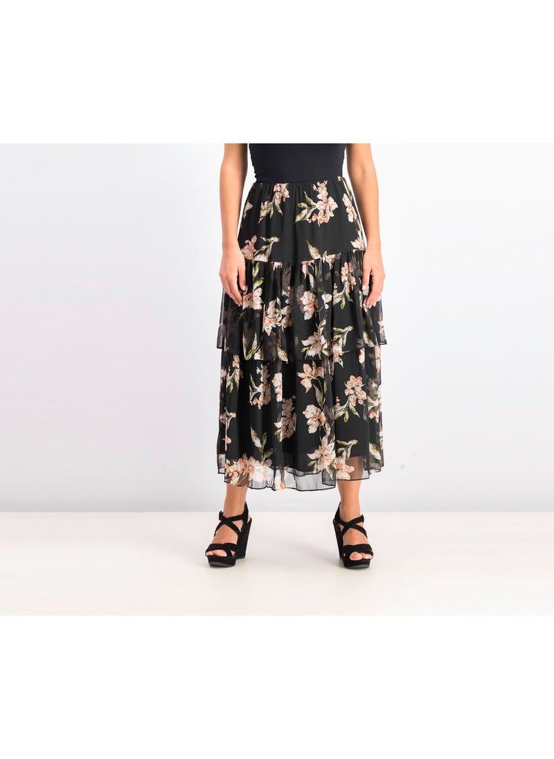 Womens Tiered Georgette Peasant Skirt, Black Combo
