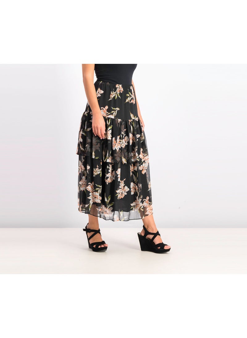 Womens Tiered Georgette Peasant Skirt, Black Combo
