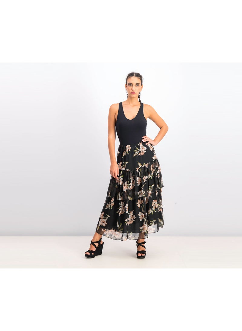 Womens Tiered Georgette Peasant Skirt, Black Combo
