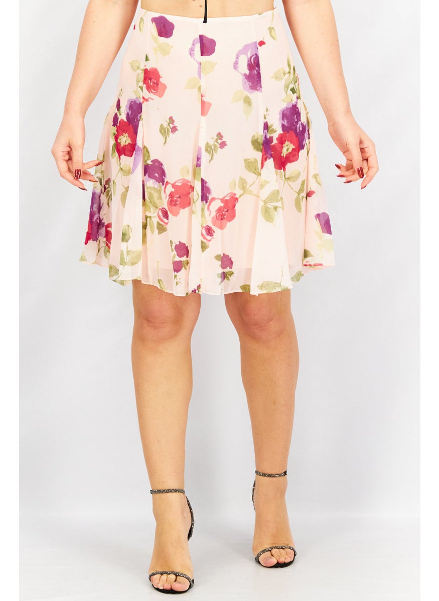 Women Floral Print Mini Skirts, Pink Combo