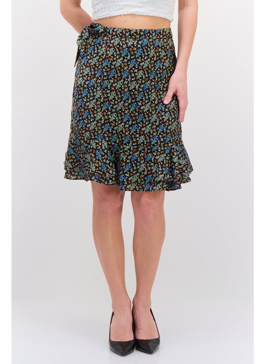 Women Allover Print A-Line Skirt, Black Combo