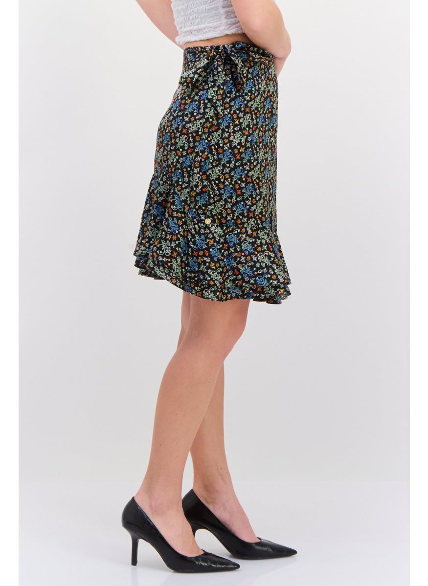 Women Allover Print A-Line Skirt, Black Combo