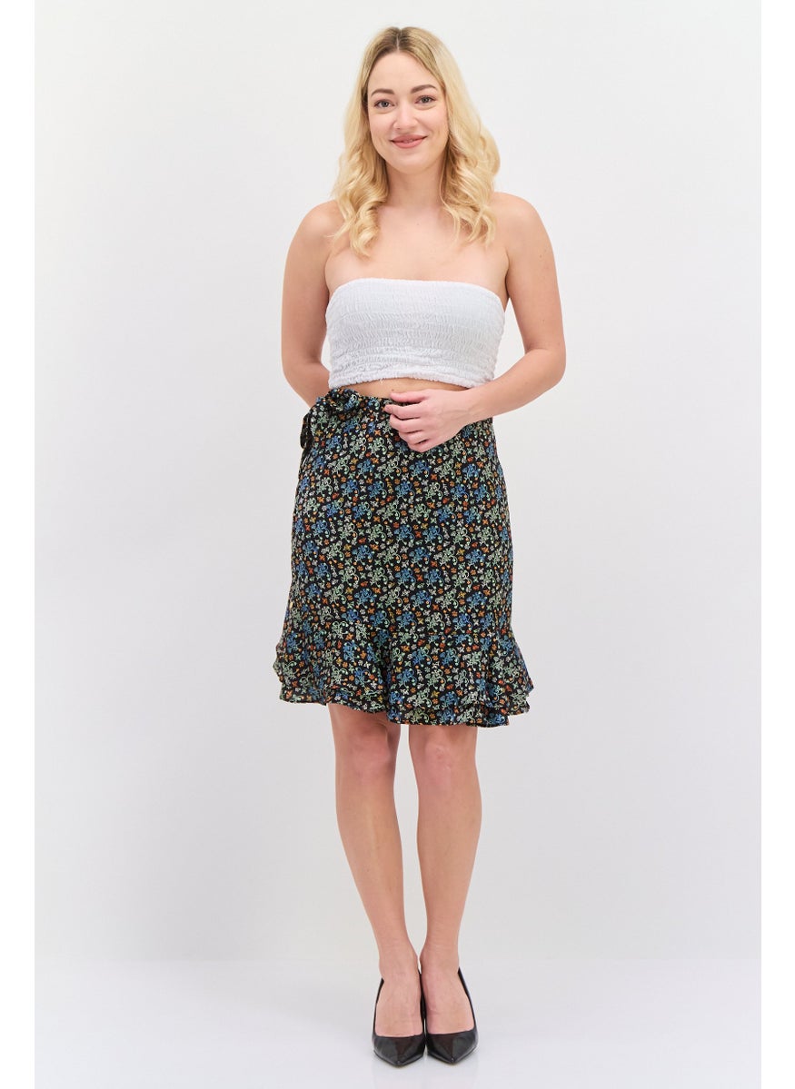 Women Allover Print A-Line Skirt, Black Combo