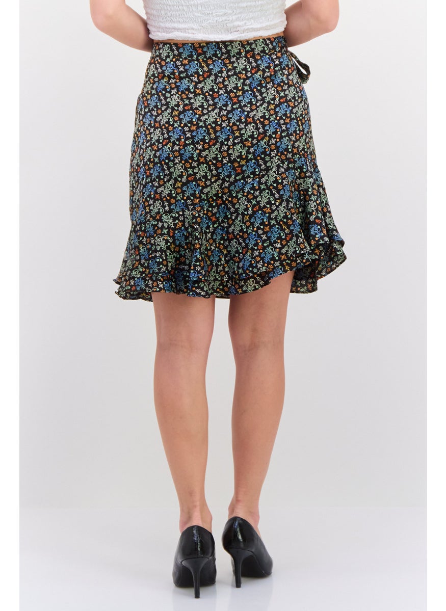 Women Allover Print A-Line Skirt, Black Combo