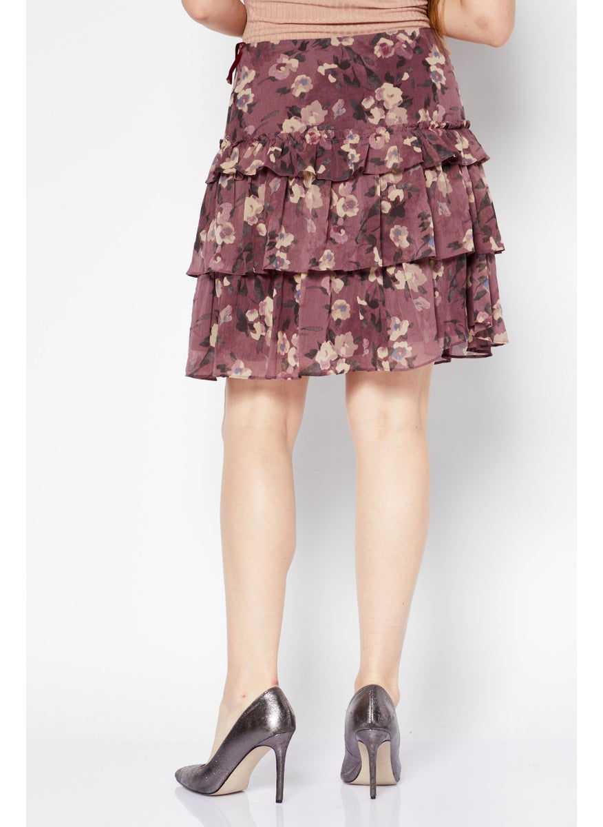 Women Petite Floral Pattern Mini Skirt, Purple Combo