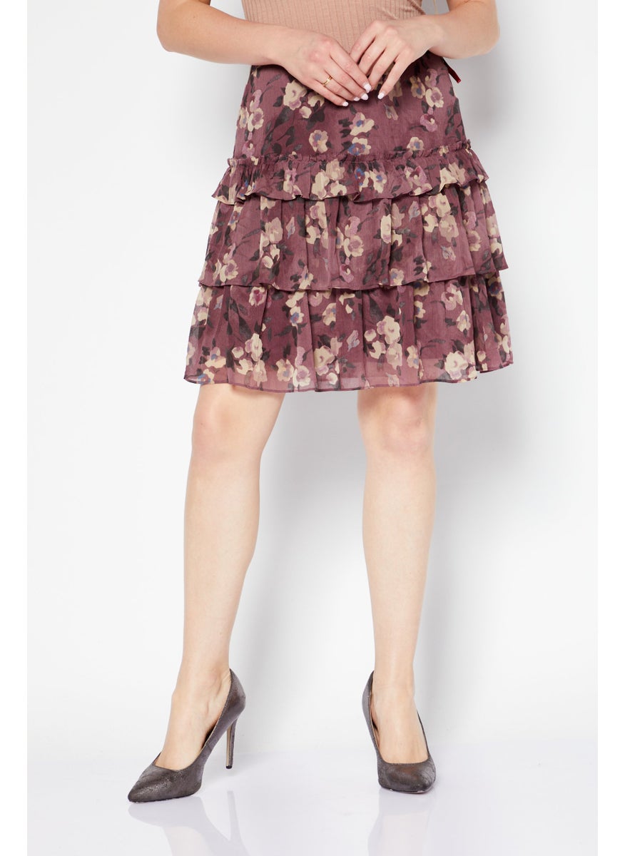 Women Petite Floral Pattern Mini Skirt, Purple Combo