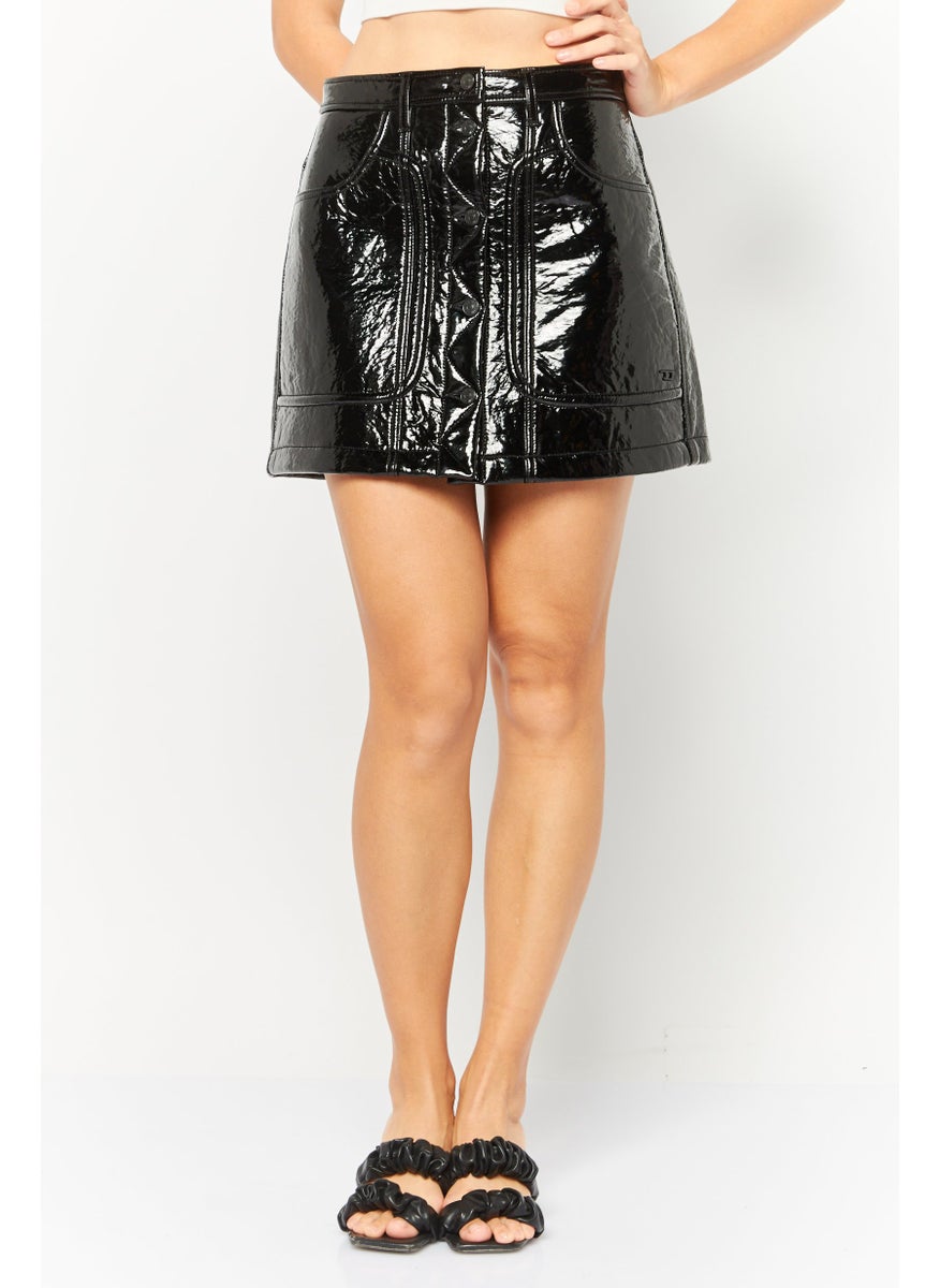 Women Solid Leather Mini Skirt, Black