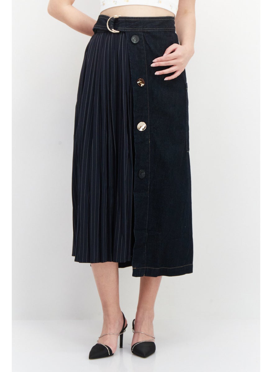 Women Stripe Belted Wrap Skirt, Dark Blue