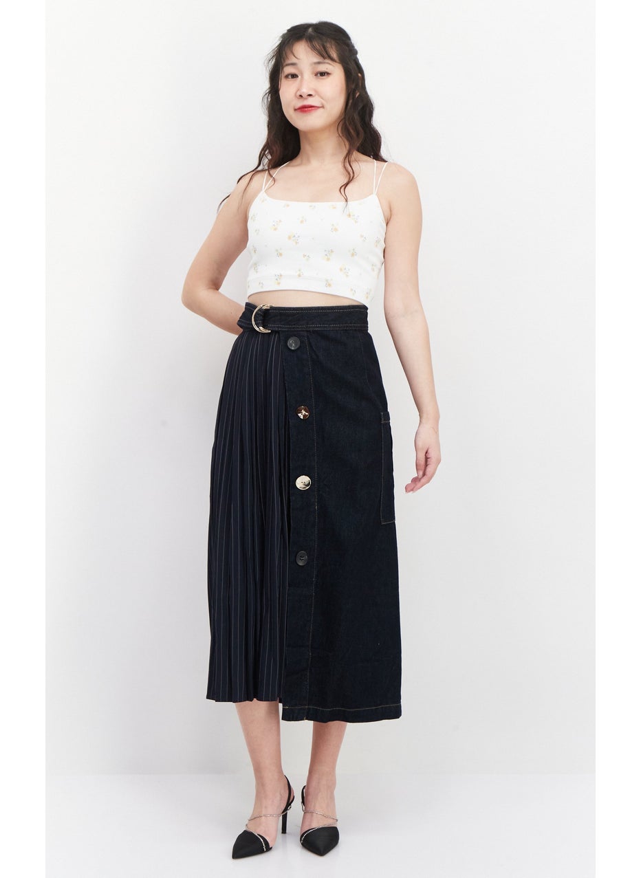 Women Stripe Belted Wrap Skirt, Dark Blue