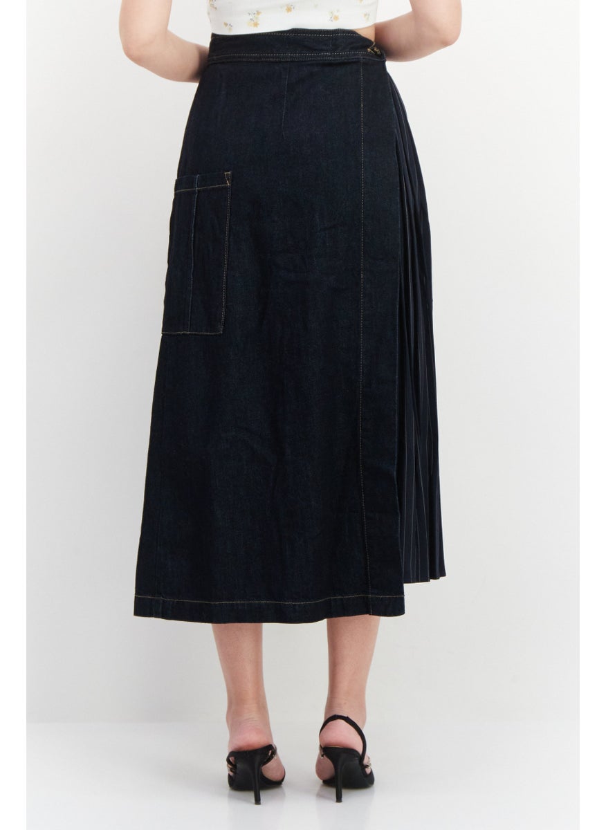 Women Stripe Belted Wrap Skirt, Dark Blue