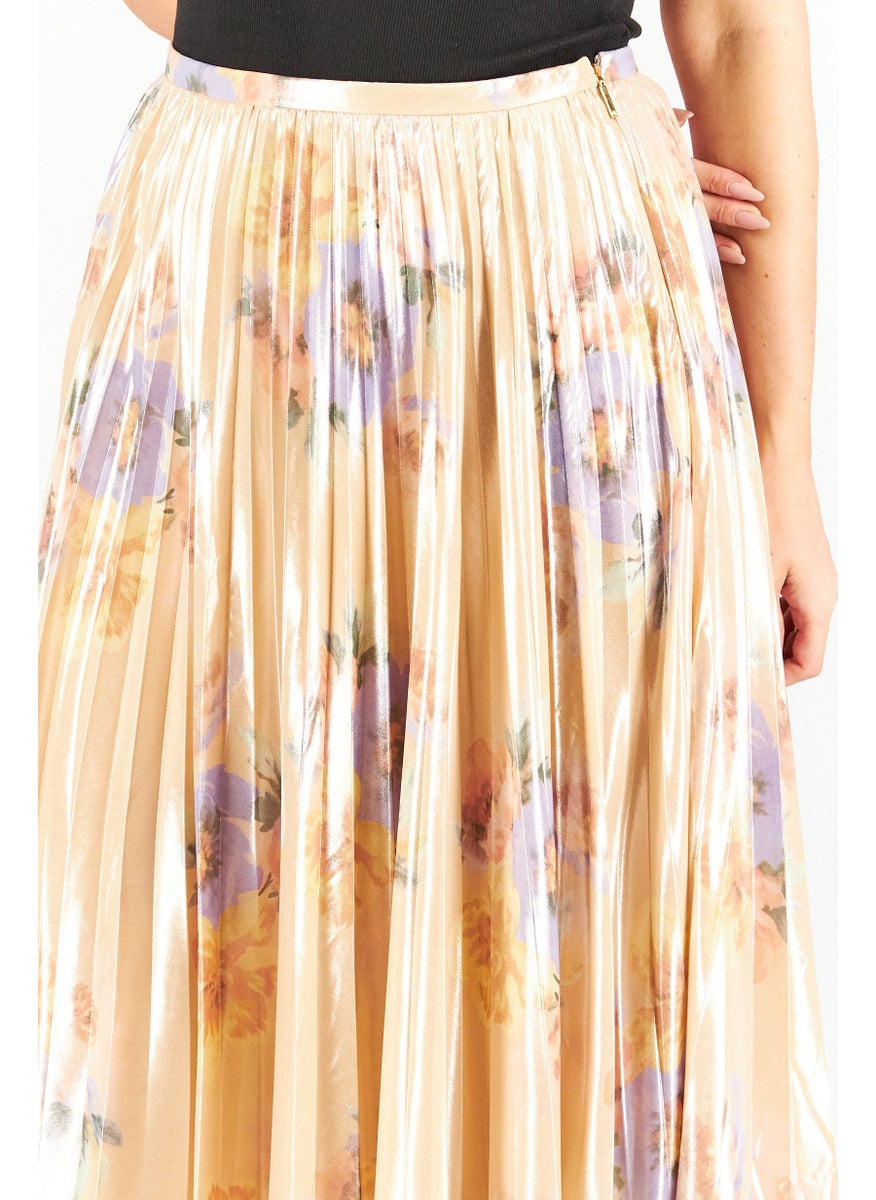 Women Metallic Flared Skirt, Pale Peach
