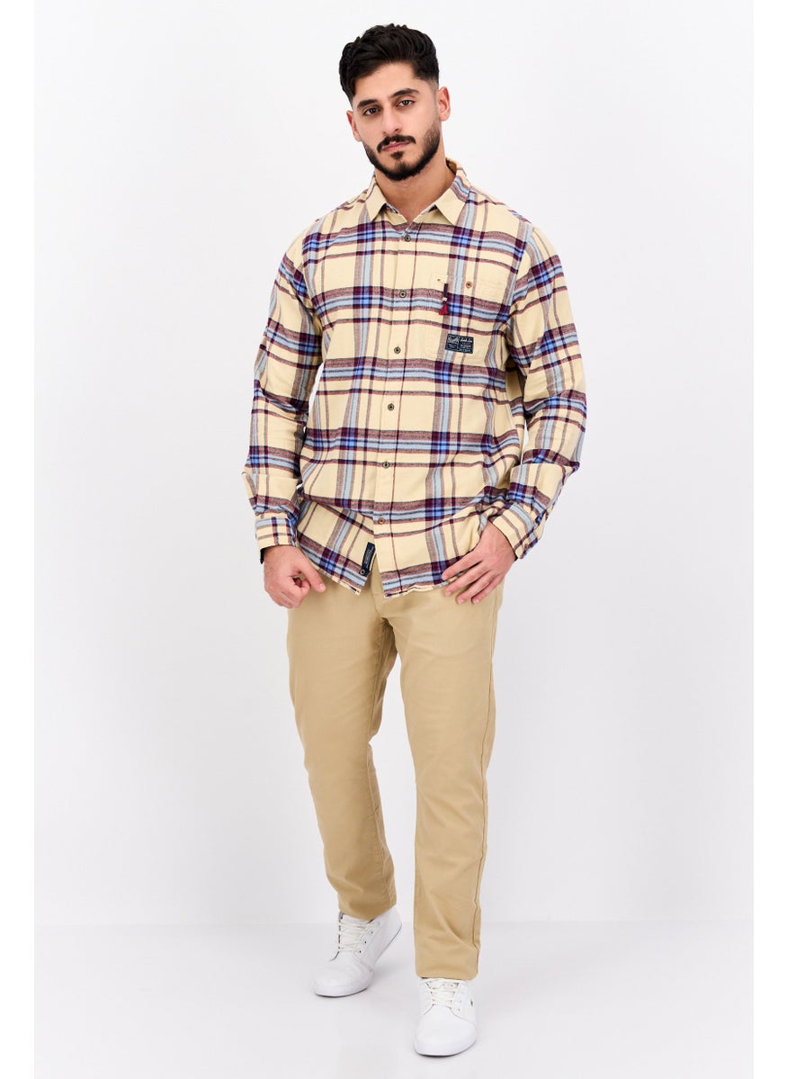 Men Regular Fit Checkered Long Sleeves Casual Shirt, Beige